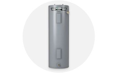 A.O. Smith Residential Water Heater product isolated on top of a light grey circle